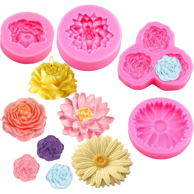 Soap Making Kit Amazon - 6穴3D花柄シリコンモールドセット（合計4Aモールド）、バラ、牡丹、デイジーのシリコンフラワーモールド、キャンドル作り、石鹸、エポキシ樹脂に最適