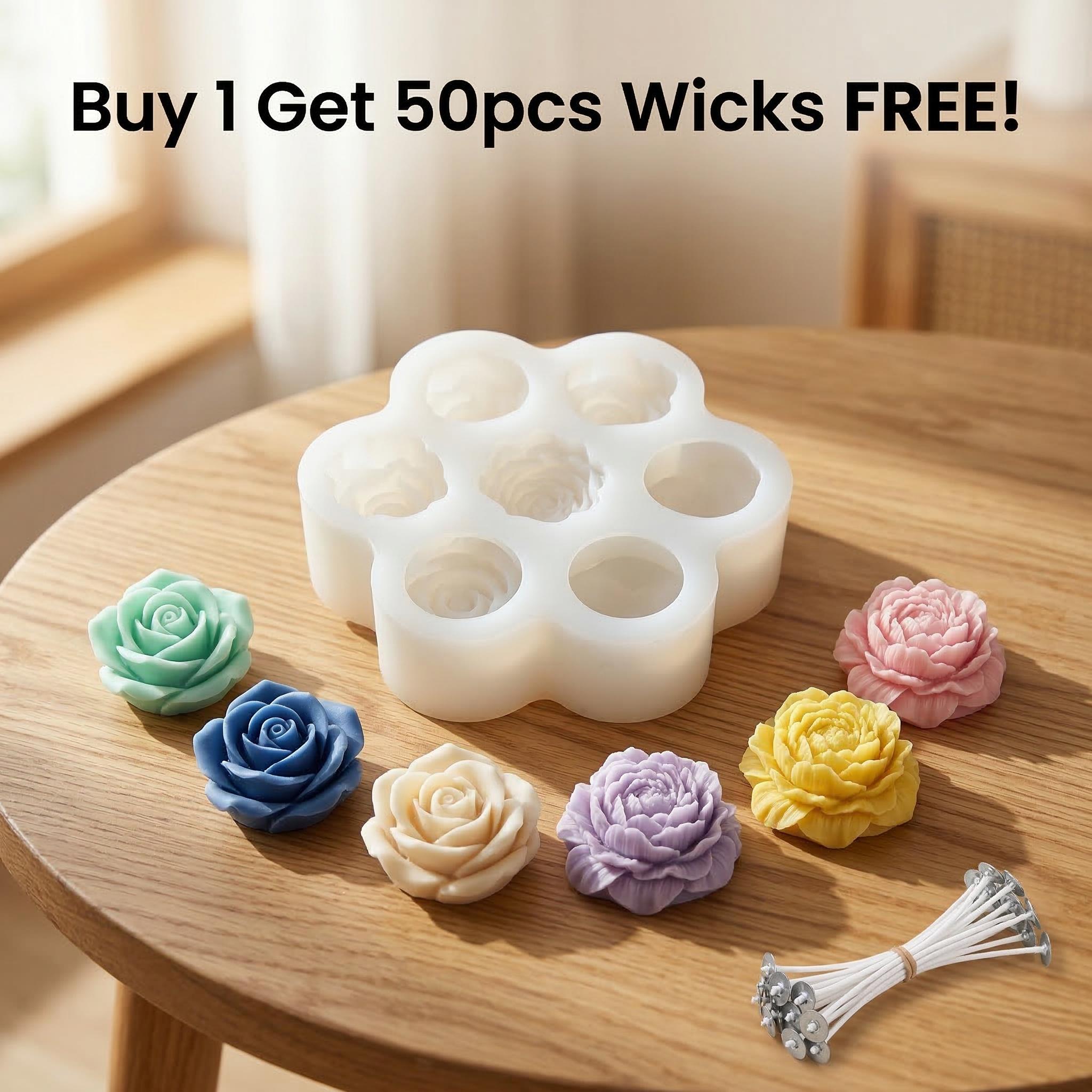 Soap Making Kit Amazon - 3Dローズフラワーシリコンキャンドルモールドセット、50個の7cmウィック付き、DIY手作り石鹸、樹脂、粘土、フォンダンモールド、クラフト作成ツール