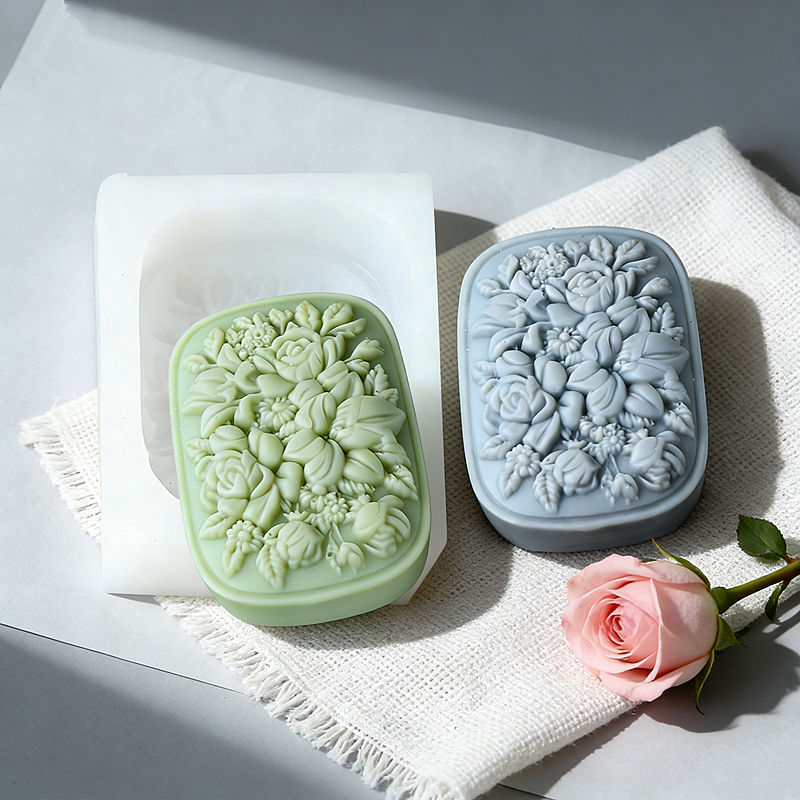 Soap Making Home - 正方形の花柄シリコンソープモールド、バラとクチナシ模様、再利用可能な手作り石鹸作りツール、家庭用品、装飾ギフト