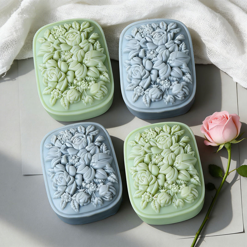正方形の花柄シリコンソープモールド、バラとクチナシ模様、再利 - Soap Making Home のレビューと価格